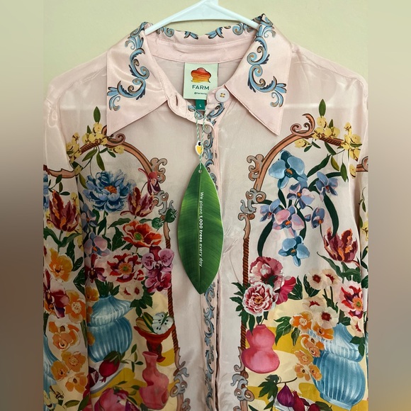 FARM Rio Pink Garden Terrace Floral Button-ip Long Sleeve Viscose Shirt in Large - Picture 4 of 4